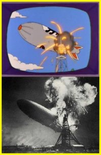 Крушение «Гинденбурга»
В свой последний полёт «Гинденбург» отправился вечером 3 мая 1937 года. Вылетев из Германии в 20:15 CET[13] и преодолев Атлантику, 6 мая 1937 года «Гинденбург» показался над Манхэттеном. При заходе на посадку в районе кормы, перед вертикальным стабилизатором над 4-м и 5-м газовыми отсеками, произошло возгорание. В течение 15 секунд огонь распространился на 20-30 метров в сторону носовой части цеппелина, после чего прозвучал первый взрыв. Через полминуты после возгорания «Гинденбург» упал на землю рядом со швартовочной мачтой