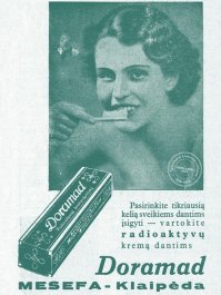 Зубная паста с радиацией, детский набор радиации "Ученый" и проч - из 40-х

В 40-50-е годы радиация воспринималась по иному. Была зубная паста с Родоном, Родоновые маски для лица, родоновая соль для ванн. 

Например, немецкая радиоактивная зубная паста "Doramad". 
Выпускалась компанией Auer в Берлине. Содержала радиоактивный торий. 
На обороте тюбика надпись: "В чем польза зубной пасты Doramad? Ее радиоактивное излучение увеличивает защиту зубов и десен. Клетки насыщаются новой энергией жизни, бактерии теряют свои болезнетворные свойства! Это обеспечивает отличную профилактику и лечение болезней десен. Паста нежно полирует зубную эмаль, делая её белой и блестящей. Предотвращает образование зубного камня. Прекрасно пенится и обладает новым, приятным освежающим вкусом. Можно применять в небольших количествах."