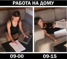 чтобы работать из дома, я уходил от жены с ребенком к родителям и работал на диване, но по большей части как на картинке в 09-00. но случалось и 09-15.