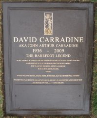 Надгробие Кэррадайна
4 июня 2009 года Дэвид Кэррадайн был найден мёртвым с затянутой вокруг шеи и пениса веревкой в шкафу в гостиничном номере в столице Таиланда Бангкоке. Полиция заявила, что нет уверенности в том, что Кэррадайн повесился, а не погиб, пытаясь удовлетворить себя, поскольку он был найден висящим на соединённых между собой нейлоновых верёвках чёрного и жёлтого цветов, причём одна верёвка была завязана на шее, а другая — на пенисе. Эксперт-криминалист подтвердил, что Кэррадайн погиб в результате аутоасфиксиофилического несчастного случая, задушив себя во время онанирования.