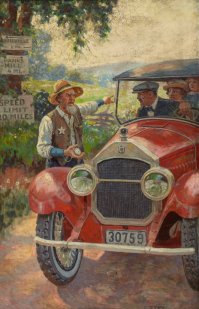 Похоже шериф указывает им, что они проехали участок дороги слишком быстро и превысили скорость в 20 миль в час.