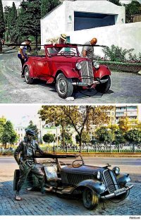 ну хорошо, вот несколько очевидных отличий:
1. высота автомобиля
2.разные крылья, передние и задние
3.разные бамперы
4. разные сиденья в салоне
5. расположение руля
6. наклон радиатора
7. дорожный просвет
И это только отличия между памятником и фото из фильма
отличия между оригиналом и машиной из фильма еще большие.
очень интересно почитать твои аргументы по поводу точности размеров и точности копии. только давай договоримся что голословные, самонадеянные и абсолютно безосновательные заяления " в посте написано" и "я же фотки в гугле нашел" не аргументы