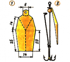 Для изготовления вращающейся блесны понадобится листовая латунь. Вырезаю из нее по шаблону (рис. 1) заготовку, обрабатываю края напильником, зажимаю в тиски и выгибаю по пунктиру. Грани полирую крупно- и мелкозернистой наждачной бумагой, затем — большой швейной иглой.
При сборке приманки (рис. 2) надеваю на застежку тройник, бусинку и лепесток блесны за ушко, чтобы он свободно вращался. К тройнику рекомендую прикрепить пучок красных ниток. Эта блесна особенно привлекает щук и окуней.
Р. СИБОГАТУЛЛИН г. Енисейск Красноярского края
(Рыболов № 4 / 1994 г.)
