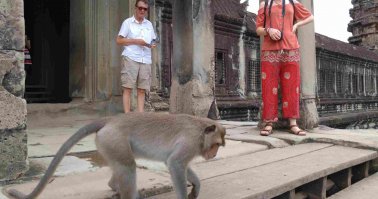 В Камбоджу стоит съездить только на несколько дней в Ангкор Ват, заодно сравнить быт с Таиландом. Мое субъективное мнение не в пользу кхмеров. По дороге в Тае скромные, но опрятные, национально украшенные домики среди зелени. Сразу после границы начинаются некрасивые безликие дома без сада. Все джунгли до горизонта вырублены под поля. Дорога становится разбитой и заляпанной грязью. Если бы не водила раздолбанного такси, полная иллюзия, что едем по российской глубинке :). Только при подъезде к туристическим местам становится почище, дома нарядней. В нашем отеле по традиции обувь оставляли на террасе у входа. Ночью сильный ливень залил всю террасу. Бассейн отеля маленький, грязный и занят аборигенами)). Как и на Кубе есть деньги для местных, а иностранцам объявляют все цены в долларах, не особо дешевле Тая. Норовят завысить цену, накрутить, "забыть" сдачу, в этом похожи на египтян. Много детей школьного возраста днем отирающихся возле туристов. Понятно, что гражданская война в 70х, 3 млн. жертв и т.п. В отличии от тайцев у кхмеров нет еще своего желания устраивать порядок и быт для себя, для самоуважения, а не только ради туристов...
