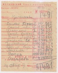 А что не так? Вполне нормальный чек для советского ресторана того времени - 14 руб. 91 коп. Даже студенты могли себе позволить раз в месяц такой загуляшь, при стипе в 30 рублей.