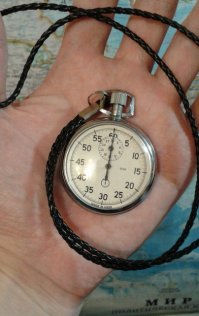 Мой бегунок. 
С 88 года путешествует в моей ладони. Использую его для поддержания темпа, при  беге. 
Можно обходиться и без него, но с ним, привычнее.. 
На шее неудобно. Болтается сильно. А в руке, самое - то.
Когда сильно лень и ноги не несут, на него вроде как опираешься и сразу бежать легче.
Ни разу не ломался, не чистился. Корпус малость поблёк. От моего пота наверно.
Похож на "Агат", но без надписи и управление на одной кнопке.
Интересно бы узнать, как его зовут и сколько ему лет.
Я его не покупал. Случайно достался.