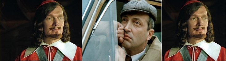 По принципу "сыграл-озвучил-спел": Ришелье - Александр Трофимов говорит голосом Козакова, но поет сам.