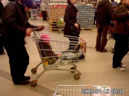 А я вот против катания детей в продуктовых тележках. 
Частенько это вижу. 

В уличной обуви сажают прямо в тележку. 
Не как это для совсем маленьких сделано - на откидной "стульчик" ногами наружу. 
А просто так. 

Ага. А люди потом туда продукты складывают. 

Вот сравните: 

А ели ему лень идти, то третья фото. :)