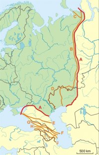 Граница Европы и Азии, признанная Международным Географическим Обществом (под буквой A, под другими буквами отвергнутые варианты)