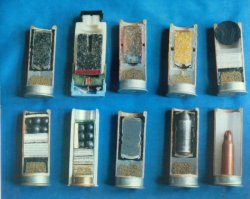 Для КС-23К используются все те же патроны и примочки как и для простого Дрозда:
— 23мм патрон "ПВ-23" холостой, для имитации выстрела, или метания надкалиберных гранат из специальной наствольной мортиры.
— 23мм патрон "ПВ-23М" вышибной, для отстрела замков.
— 23мм патрон "Волна" с инертным контейнером. Используется в качестве учебного.
— 23мм патрон "Звезда" со свето-звуковой гранатой шокового действия, вместо пули. Используется для оглушения преступников, а также для разгона демонстрантов путём психического на них воздействия.
— 23мм патрон "Привет" с резиновой пулей (Гениальное, однако, название...) для отстрела не насмерть особо ярых демонстрантов.
— 23мм патрон "Волна-Р" с резиновой пулей. Более мощный аналог Привета с максимальной дальностью поражения (ну так, чтоб лишить боеспособности одним попаданием)- 70 метров. При том ближе 40 метров стрелять не разрешается, ибо ближе цель может разорвать. Используется в основном для задержания особо-опасных преступников.
— 23мм патрон "Стрела-3" с пластиковой пулей. Ещё более мощный, но не летальный патрон для задержания особо опасных преступников.
— 23мм патрон "Черёмуха-7М" с газовой гранатой, начиненной ирритантом CN, вместо пули. Предназначен для разгона толп демонстрантов.
— 23мм патрон "Сирень-7" с газовой гранатой, начиненной ирритантом CS, вместо пули. Предназначен для разгона толп демонстрантов.
— 23мм патрон "Шрапнель-10" с картечью. Инструмент экзекуции, ибо накрывает по площадям. Прицельная дальность — 10 метров, так как далее разлёт картечи вообще неконтролируемый. Предназначен для боя в помещениях с превосходящим числом противника.
— 23мм патрон "Шрапнель-25" с картечью. Ещё более жуткий инструмент экзекуции, так как прицельная дальность составляет 25 метров. Далее врятли удастся попасть в кого-то конкретно, ибо накрывает по площадям, зато до 25 метров гарантированно уничтожает всё живое и не живое, за исключением того, что имеет броню выше седьмого класса или хорошо забетонировано.
— 23мм патрон "Баррикада" со стальной пулей. Предназначен для стрельбы по автомобилям, а так же сквозь не толстые стены. По людям стрелять не предполагается, так как после попадания, то кем был противник опознать уже практически не возможно...
— Так же из некоторых источников известно о наличии крайне редко используемых кумулятивных, бетонобойных и бронебойных патронов.