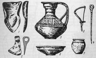 1 — сошник; 2 — крючок; 3 — булавка; 4 — проколка; 5-7 — керамические сосуды