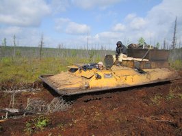 10 км. от Непы. На "броне" сижу с поврежденной ногой, эвакуируют меня из партии сейсморазведки. При сплаве по Нижней Тунгуске тоже встретим медведя, но разойдемся мирно.