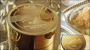 Икра белая, белуги-альбиноса(Иран). Цена за кг. ~20000 евро. Расфасовывается в баночки из чистого золота.