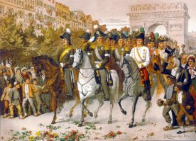 И что? Слева - направо: Гренадер - рядовой и мушкетер - офицер 1762 г., царствование Петра III; Офицер и егерь 1762-1796 г., царствование Екатерины II. 

Далее русские войска вступают в Париж.