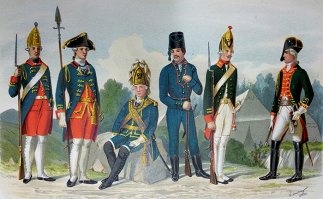 И что? Слева - направо: Гренадер - рядовой и мушкетер - офицер 1762 г., царствование Петра III; Офицер и егерь 1762-1796 г., царствование Екатерины II. 

Далее русские войска вступают в Париж.