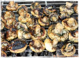 Мы жарим шампиньоны на мангале, предварительно замариновав грибочки в специях, майонезе, соевом соусе (от 1 до 4 часов)это что бы грибы при жарке не потеряли влагу и не пересохли, кладем на решетку и жарим до коричневой корочки считанные минуты :) Выкладываем в блюдо, посыпаем зеленью - отличная закуска!!!Советую попробовать!!!