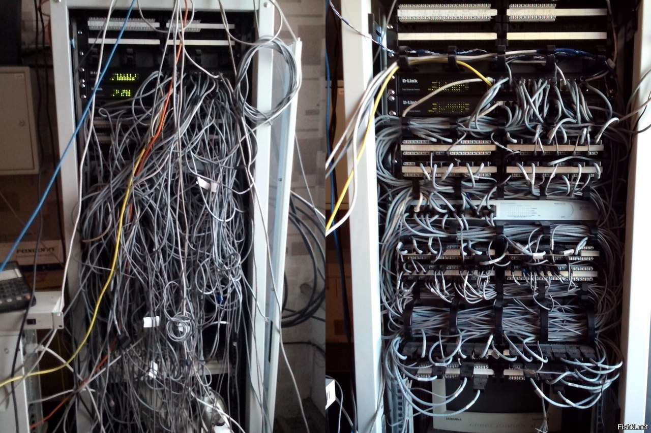 Моё (было-стало). Кстати, такая патч-панель содрогает каждый раз, когда надо что-то с ней делать, ничего не держится нормально и разъем не 100% работает при подключении. RJ45 просто сказка по сравнению с этим...