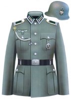 Серебряный орел на груди - есть
Серый фон  - есть
Темный воротник с металлическими полосками - есть

Могу предположить что художник брал за основу не форму вермахта а костюмы из фантастического фильма "Звездный десант" - но прикол в том, что костюмы для этого фильма как раз делались по образу нацисткой формы.