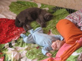 Не так художественно, но всё таки в тему. Фото моей 3-недельной дочери и котэ.