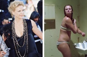 Шарлиз Терон для фильма "Монстр" пришлось набрать 15 кг, сбрить брови, использовать вставные зубы и жуткий макияж. В результате за роль Уорнос она получила "Оскар".