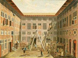 Это тюрьма Rasphuis в Амстердаме. Rasp - тёрка, <span style='color:gray'>[мат]</span> - дом. В этой тюрьме заключенные терли кору бразильских деревьев (цезальпиния) в пыль, которая использовалась для краски. Нежелающих работать, действительно, сажали в камеры, где надо было откачивать воду.