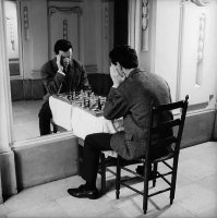 вот это фото мне понравилось 
я бы распилил доску на половину
поставил бы фигурки раскрасил наполовину чёрной белой краской и поставил их  только на моей стороне