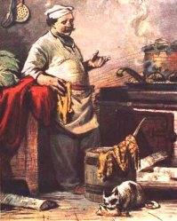 Басня Крылова

Кот и повар

Какой-то Повар, грамотей,
С поварни побежал своей
В кабак (он набожных был правил
И в этот день по куме тризну правил),
А дома стеречи съестное от мышей
Кота оставил.
Но что же, возвратясь, он видит? На полу
Объедки пирога; а Васька-Кот в углу,
Припав за уксусным бочонком,
Мурлыча и ворча, трудится над курчонком.
"Ах ты, обжора! ах, злодей! -
Тут Ваську Повар укоряет,-
Не стыдно ль стен тебе, не только что людей?
(А Васька все-таки курчонка убирает.)
Как! быв честным Котом до этих пор,
Бывало, за пример тебя смиренства кажут,-
А ты... ахти, какой позор!
Теперя все соседи скажут:
"Кот Васька плут! Кот Васька вор!
И Ваську-де, не только что в поварню,
Пускать не надо и на двор,
Как волка жадного в овчарню:
Он порча, он чума, он язва здешних мест!"
(А Васька слушает, да ест.)
Тут ритор мой, дав волю слов теченью,
Не находил конца нравоученью,
Но что ж? Пока его он пел,
Кот Васька все жаркое съел.

А я бы повару иному
Велел на стенке зарубить:
Чтоб там речей не тратить по-пустому,
Где нужно власть употребить.