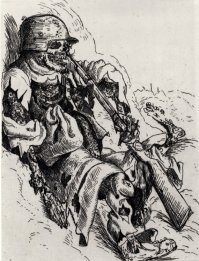 Тоже Отто Дикс, "Семь смертных грехов". 1933 год.  Усатый карлик, за которым идет смерть- это Гитлер. Картина олицетворяет надвигающийся фашизм. Впоследствии искусство этого художника фашисты посчитали "дегенеративным", и среди прочих, на площади жгли и его картины. И еще немного его работ на тему войны: "Смерть сапера на посту", "Газовая атака", "Летом 1916-го",