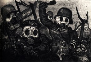 Тоже Отто Дикс, "Семь смертных грехов". 1933 год.  Усатый карлик, за которым идет смерть- это Гитлер. Картина олицетворяет надвигающийся фашизм. Впоследствии искусство этого художника фашисты посчитали "дегенеративным", и среди прочих, на площади жгли и его картины. И еще немного его работ на тему войны: "Смерть сапера на посту", "Газовая атака", "Летом 1916-го",