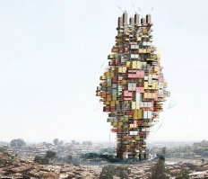 Вот эти два небоскреба похожи: первый - на нагромождение коробок, второй - на нагромождение хибар, времянок и прочего всякого самостроя. Ну или на кучу разноцветных коробок))
И еще напомнили рассказ Хайнлайна "Дом, который построил Тил")) 
Про то, как построил чувак дом в виде четырёхмерного гиперкуба и в конце концов ухнул в непоймикакое параллельное измерение)))