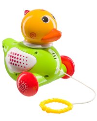 Как рулетка, что ли, только эта веревочка назад залезает со звуком наматывания на катушку? По такому принципу еще устроена система уточек для ванной, которые лапками шлепают по воде, или на колесиках катятся.