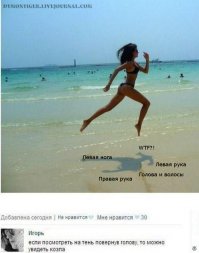 Фото сделано в настоящих тропиках (Солнце в зените). Вот только у тени есть странная часть, которую трудно интерпретировать (постарался сделать подписи). У кого какие будут версии? 

Я могу предложить такую: в левый локоть вцепилась зубами тропическая рыба (саму её на снимке не видно, т.к. она закрыта плечом девушки; а вот тень рыбы присутствует).