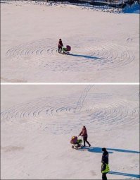 Это ж сколько она ждала, пока снег выпадет? Въездных следов не вижу, только на выезд. Или левитировала?