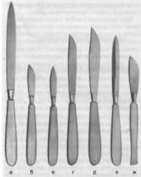 Это ножи из секционного набора для вскрытия трупов 
Хирургические ножи выглядят так: а - ампутационный нож б,в - резекционные ножи  г - нож для фаланг пальцев д - лоскутный нож е - можкостный нож с обоюдоострым лезвие ж - нож для надкостницы с распаратором