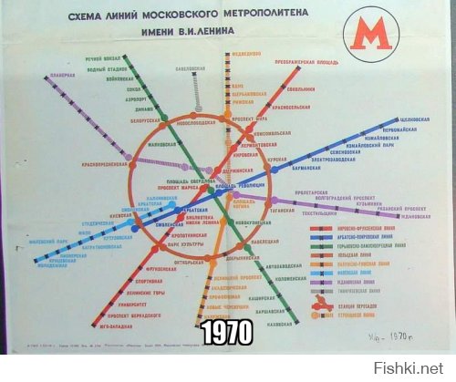 Кардинально дизайн схемы меняется в начале 70-х годов. Уходят в прошлое плавные изгибы линий. Теперь в моде простота, четкость и стремительность. Кольцевая линия впервые изображается правильной окружностью, а радиусы - прямыми линиями. Изменилось и изображение логотипа метрополитена - стилизованной буквы "М". Если на схеме 70-го года еще остаются изломы на Таганско-Краснопресненской линии, то к концу десятилетия все линии изображаются прямыми без углов и изломов