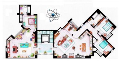 Слева апартамент Пенни
Справа апартамент Шелдона и Леонарда