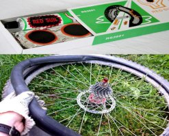 Такие латки лучше не покупать. Последнее время стал очень плохой клей.
Лучше взять оранжевого цвета