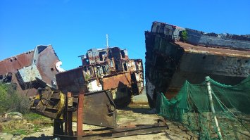 Немножко отсебятины. 
У нас, конечно. по масштабам совсем не Бангладеш, но тоже есть "кладбище военных корабле".
На фото останки кораблей выглядят ущербно, но, поверьте, вблизи слегка не по себе. А еще кто-то оставил надпись баллончиком на одном из кораблей "подумай, а не понадобится ли тебе это фото на памятник". Аж, мурашки. Видимо, таким способом хотят отпугнуть совсем безбашенных, которые лезут внутрь корабля.