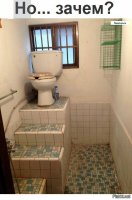 Причины две.
1. Сброс канализационных стоков (в красных кружочках) производится пользователем НИЖЕ уровня канализационного колодца/коллектора (разность между зелёными линиями).

То есть, унитаз установлен в подвале. В таком случае требуется монтаж фекального насоса (в синем кружочке), который поднимал бы стоки на нужную высоту.
... а не хотелось тратиться. Вот потому и подняли сам унитаз повыше.
2. Для самостоятельного стока канализационные трубы от дома до колодца должны укладываться не горизонтально, а с уклоном.
Если расстояние от дома до колодца большое, то при постоянном угле наклона абсолютное значение высоты перепада будет весьма значительным.
Тогда стоки даже и с первого этажа, находящегося выше уровня колодца, будут уходить очень вяло.
Поэтому требуется поднять унитаз... или выкопать колодец поближе... или опять же смонтировать фекальный насос.
Вероятнее всего, именно первое обстоятельство (размещение унитаза в подвале) и стало причиной такой интересной установки унитаза.