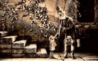 Александр Лукич Птушко (1900   1973)   советский кинорежиссёр, кинооператор, мультипликатор, сценарист, художник, мастер сказочного жанра в кино в 1939-м году снимал фильм-сказку "Золотой ключик" методом оптического совмещения объектов.
Например, кадр беседы Буратино с папой Карло снимался так: Георгия Уварова (папа Карло), сажали близко к киноаппарату перед обыкновенным частично закрытым тканью столом, а в четыре раза бОльшую половину стола располагали на пятнадцать метров дальше и на неё сажали Ольгу Шаганову-Образцову, игравшую Буратино.
Киноаппарат устанавливался в точке, с которой обе половины стола, совместившись, казались цельным столом, а герои   сидящими напротив друг друга.
"А чтобы я умела погладить воображаемую щеку моего папы, мне сверху с колосников спускали ниточку. По этой ниточке я и водила рукой",-- делилась актриса секретами съемок идиллической семейной сцены.
Для усиления достоверности происходящего перспективно сочетались актеры и домашняя птица (петух) или на передний план устанавливались декорационные элементы, имитирующие ноги актера, а сам актер находился в глубине кадра оптически совмещённый с ногами, что позволяло актрисе, исполняющей роль Буратино, двигаться перед его ногами.
На фотографии хорошо видно, что папа Карло (в синем овале) стоит на лестнице ближе к операторской группе (в красном овале). Кукла (возможно, Мальвина) стоит на заднем плане на гипертрофированно увеличенной в размерах лестнице (зелёный овал).
Место установки камеры выбиралось так, чтобы лестница папы Карло полностью совпала с лестницей Мальвины, и тогда на плёнке дальний и ближний планы (объекты) совмещались.
Ниже фотография такого же совмещения папы Карло и Буратино уже ВОЗЛЕ лестницы.