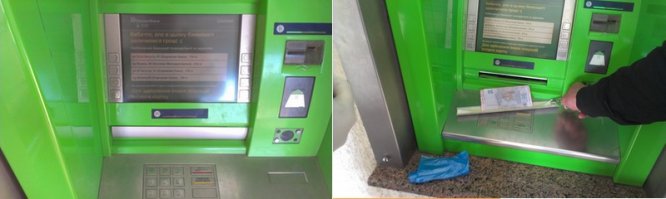 Банк с зеленым пакманом- минимум три камеры (обычно). Пин-клавиатура, лицо клиента, общий вид.
Никакие нах устройства не нужны. Берется обычная металлическая гнутая пластина, клеется липкая лента и все.
Так что внимательнее при работе с банкоматами, товарищи!