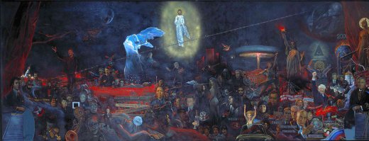 Картина 'Мистерия XX век' (1978,  3x8 м).  Из-за неё чуть не выставили Глазунова из СССР старпёры из ЦК КПСС.
(дорисовывал новые лица в ней в 90-е).
Cейчас по ТВ-Культуре идет в записи программа с ним.
Велик был художник. Аминь.