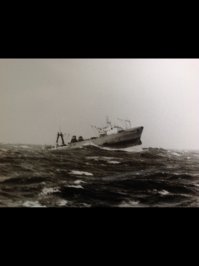 Странно, но мне знакомый прислал сегодня свое фото, зделаное им с капитанского мосьика собственноручно, при шторме 9 баллов, идущее попутным курсом судно. Январь 1970г.