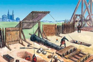 Да. А ядра лежат декоративные. 19 века. Как и лафет. Так что в этом отношении не верьте глазам своим.
А так это бомбарда предназначенная для стрельбы в первую очередь каменными ядрами. Весом в 750-800 кг. С земли. По крепостям. Где то вот так. Но могли и "дробом" выстрелить. Да и калёнными ядрами навесом.