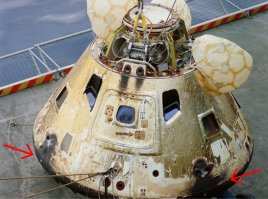 Нет, не та последовательность. Сначала любители  "лунного заговора" приводят нелепые аргументы: про флаг, прыжки, тени, отсутствие звезд, расплавившуюся пленку, отсутствие кратера... блестящий в лучах солнца спускаемый аппарат, без следов гари и т.п. шелуху, а уж потом, как вы выразились, "специалисты" срывающие покровы с теории заговора вынуждены давать ответы на эти "самые легкие вопросы".  Вот конкретно на ваш вопрос ответ - аэродинамика. Достаточно беглого взгляда на фото, чтобы понять, что спускаемые аппараты разной формы, и если у советского аппарата,  при вхождении в плотные слои атмосферы трению о воздух подвергается большая часть поверхности, то у американского только нижняя его часть.