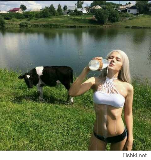 Судя по отсутствии вымени это не корова, а бык!  Так что ей пришлось постараться надоить бутылку.