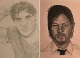 ИМХО: На портретах и "комиксах" - прогресс 100%! Чарли Чаплин - просто "шедевр", ( а синяя - "хрень" какая-то, не в "ту сторону" художника "понесло"), ну и ещё портрет неплох, но долго художник до результата шёл...