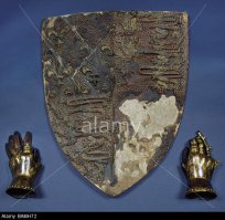 Я не в курсе о вообще каких-либо достоверно сохранившихся каплевидных щитах. Только изо, надгробия, скульптуры итп. Но есть останки щитов до них (круглые викингов, разные римские итп) и после (те же тарчи и треугольные) - практически все из тонких досок. Про частичные элементы ничего не говорю - в изначальном утверждении про это ничего не сказано. 

Правда странно было бы наличие цельностальных щитов, к тому же таких больших, в условиях высокой ценности железа (не говоря о стали), да еще не оставившей свидетельств. 

Мне даже не надо ничего доказывать о себе - хватает сравнить приведённые аргументы. "Примеры" выше же пролетели со свистом? 
Мастурбировать на свою якобы степень и снисходительно что-то говорить о зачётах и знаниях - смешно, учитывая что и последний "в отличной сохранности щит" на фотографии - бутафория для фильма об Индиане Джонсе. 


Учитывая сплошные ляпы приведённые в качестве "доказательств", без единого внятного примера и опровержения (кроме яростного потрясания своими якобы регалиями и полномочиями) - мне очень жаль людей, которым приходится сталкиваться с учебниками такого автора. Правду говорят - образование нынче уже не то. 

Ах да, чуть не забыл, раз уж великое светило науки не в курсе, то я так и быть помогу... Поздний (Позднее Средневековье обычно считают 14-15. века), рыцарский (как-никак старший сын короля), музейный (ну как... над могилкой, в Соборе), щит (на дверцу не похоже). Сделан из тополя, покрыт тканью, гипсовой грунтовкой, пергаментом и кожей. Как и прочая экипировка этого знаменитого кадра (Эдварда "Чёрного Принца"), с большой долей вероятности являлась боевой.
Так что в отличии от некоторых, я всё же в состоянии привести реальные примеры.

Ну и хватит с меня этой темы. Уж слишком разочаровывают нынешние "составители учебников с научными степенями".