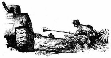 Интересный факт, о доп. защите шерманов. На фото видно обшитые досками борта, от кумулятивных мин, но по сути упростили задачу японцам=)
Японская куммулятивная мина на шесте имела конический некрашенный алюминиевый или стальной корпус с тремя шипами в донной части. Внутри мины находилась взрывчатка с куммулятивной воронкой, а в верхней узкой части размещался взрыватель. На мине мог быть стандартный взрыватель от ручной гранаты или комплект из капсуля, запала и детонатора. К вершине конической мины была привинчена металлическая трубка, в которую вставлялся деревянный шест с ударником на конце. Между детонатором и ударником находилась предохранительная скоба и меднная проволока. После выдёргивания предохранительной скобы, солдат, удерживая деревянный шест с противоположной от мины стороны, ударял шипами в цель с достаточной силой, чтобы смять медную проволоку между ударником и детонатором и разбить ударником капсуль в детонаторе.
Дополнительная защита американской бронетехники
Куммулятивная струя пробивала до 6 дюймов брони, если корпус мины вплотную прилегал к поверхности цели. Если мина оказыывалась под углом 60 градусов от вертикали к поверхности цели, тогда пробивалось до 4 дюймов брони.
"JAPANESE TANK AND ANTITANK WARFARE"
SPECIAL SERIES NO. 34
1 AUGUST 1945
MILITARY INTELLIGENCE DIVISION
WAR DEPARTMENЕ WASHINGTON, D. C.