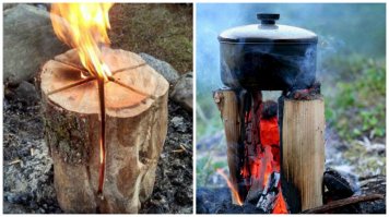 "..Сухой чурбак с пропилами.." или "римскую свечу" без пилы изготовить невозможно, а ручной - крайне проблематично. Представляю себе походника, который волокёт на хребте бензопилу. А так вещь удобная, особенно если сковородка пользуется. Да и горит долго.